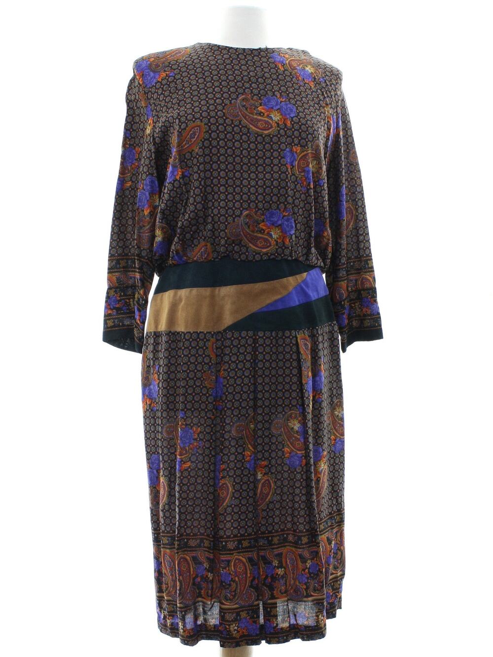 Vintage 80s Rayon Midi Dress Suede Trim Paisley Floral Boho Women's Small